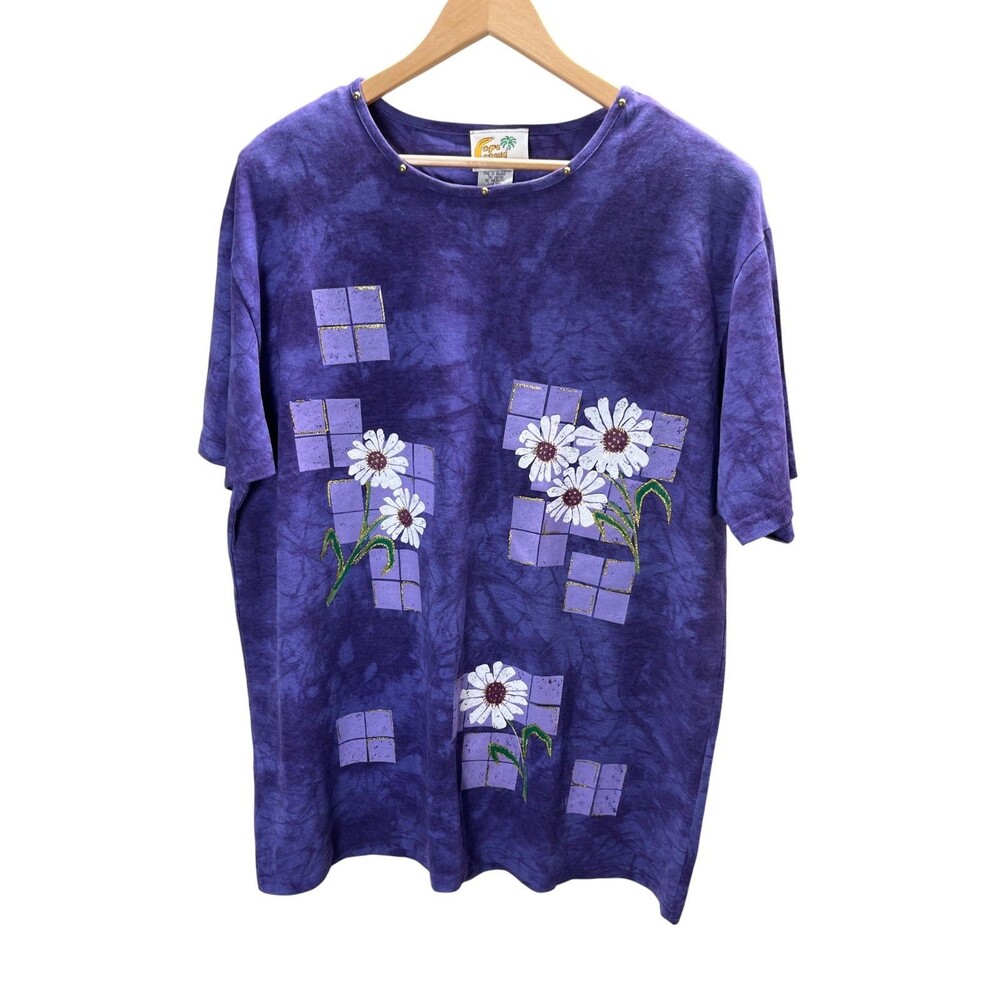 Vintage Copa Cabana Top Women's Size 2X Purple Tie Dye Floral T-shirt